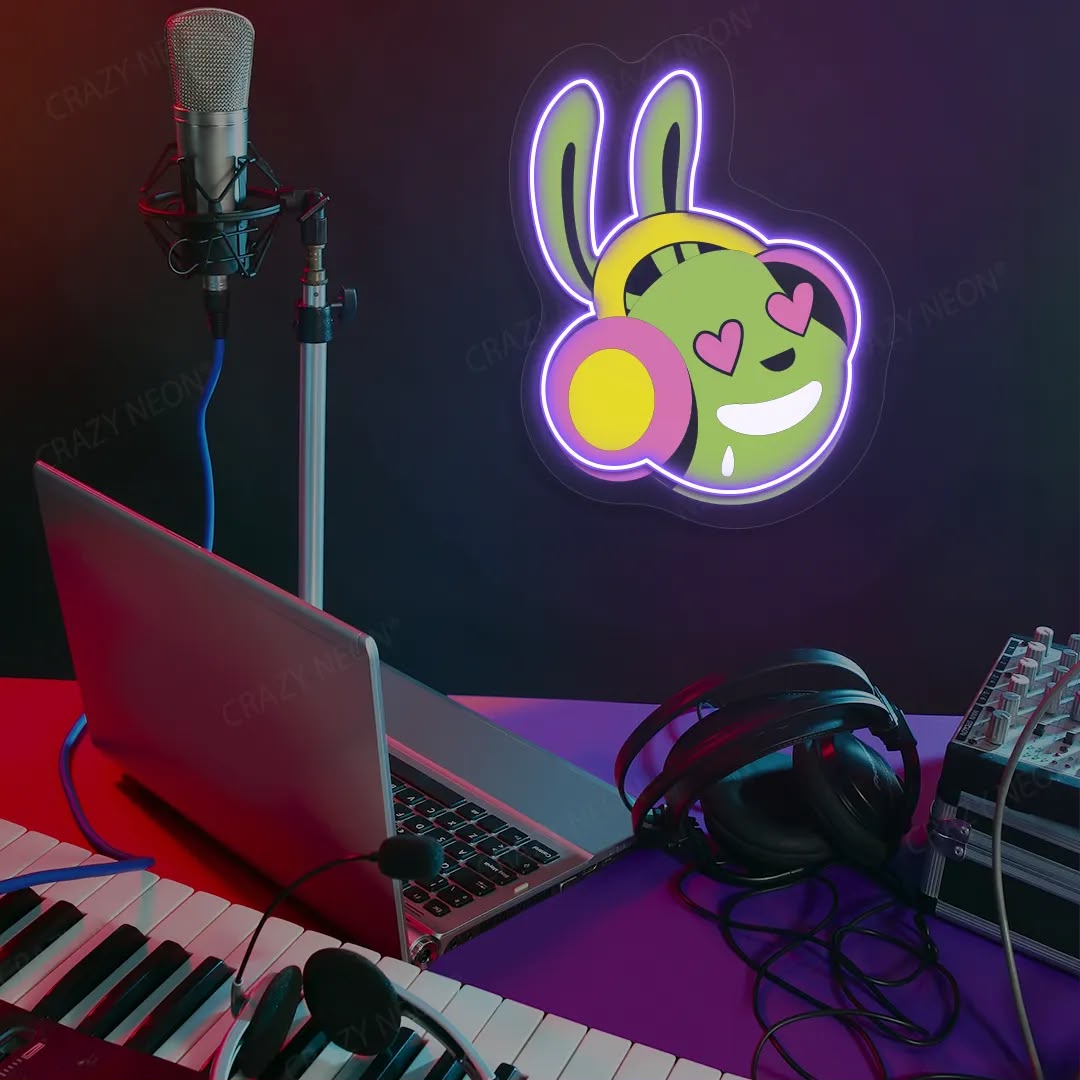 Heart Eyes Bunny Headphones LED Neon Sign